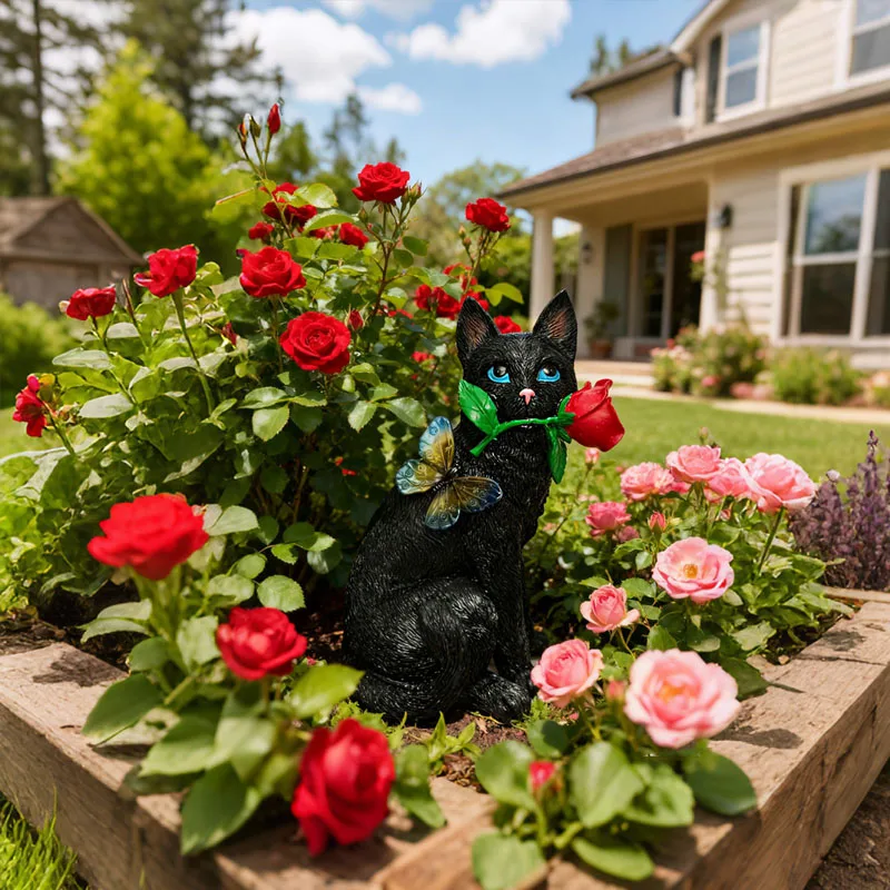 Creative Resin Rose Cat Sculpture Ornaments Outdoor Courtyard Balcony Micro Landscape Animal Furnishings Craft Garden Decoration