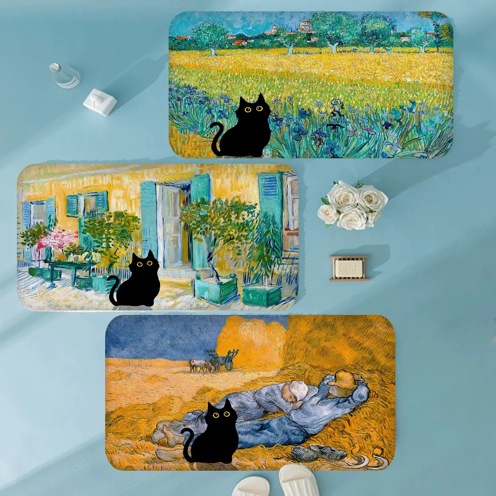 

Van Gogh Black Cat Door Mat Cheaper Anti-slip Modern Living Room Balcony Printed Bedside Mats