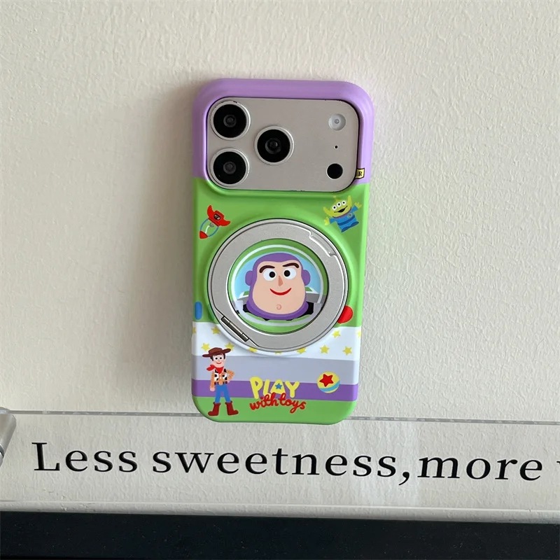 New Cute Cartoon Phone Case For iPhone 15 16 17 Promax For Magsafe Magnetic Stand Cover Buzz Woody Green Purple Shockproof