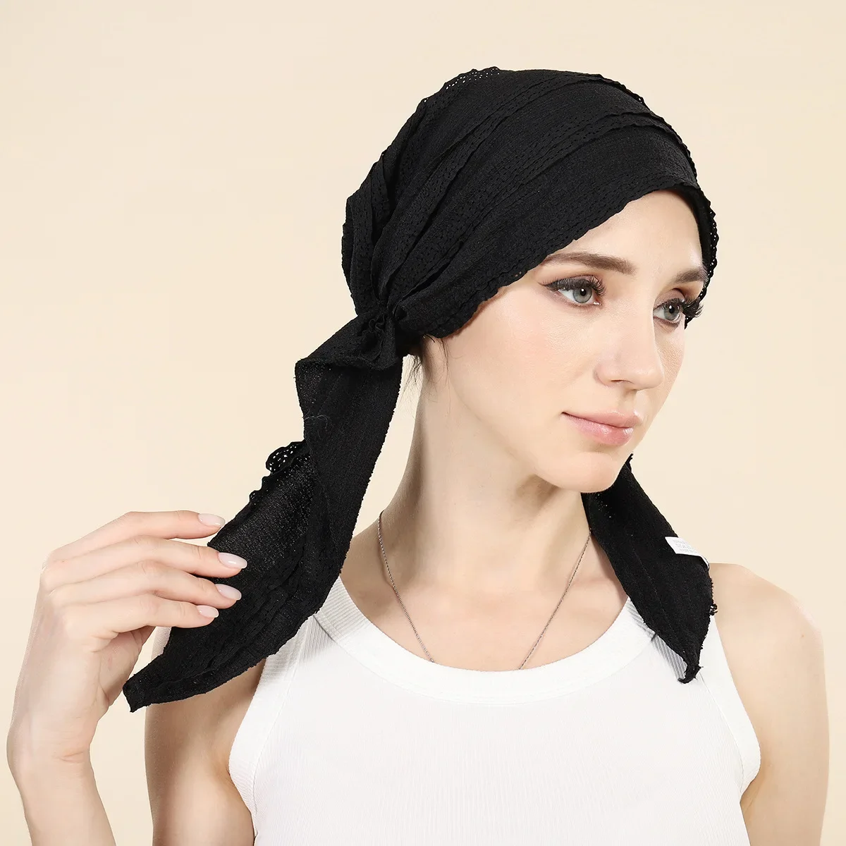 

Muslim Women Lace Turban Pre-tied Hat Bonnet Beanies Stretch Headscarf Chemo Cap Hair Loss Wrap Bandanas Headband Turbante Mujer