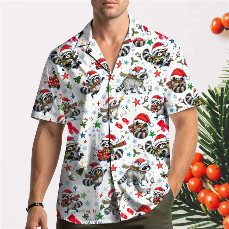 New Mens Christmas Hawaiian Shirt Santa Dog Parrot Aloha Shirt 3D Print Short Sleeve Button Up Beach Holiday Top Dropshipping