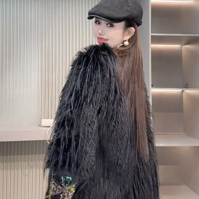 ใหม่ฤดูใบไม้ร่วงฤดูหนาวแฟชั่นขายดี Heavy-Duty หนัง Faux FUR Sequins Stylish หนาอ่อนเยาว์จับคู่กับพู่