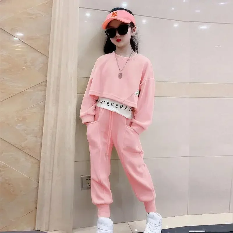 Spring and Autumn Korea Style Fashion Kids Clothes Girl 2Pc Set Long Sleeve Letter Sweatshirt Pant Outfits 4 6 8 10 12 14 Years