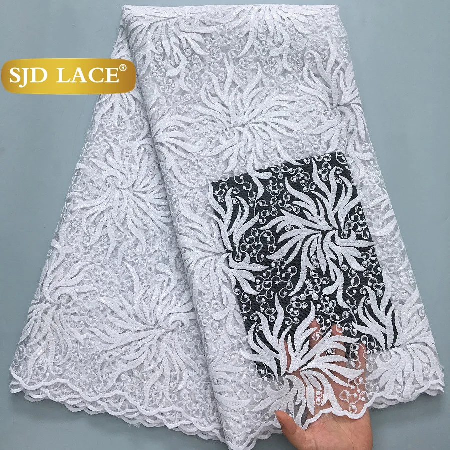 SJD LACE Pure White French Milk Silk Lace Fabric with Sequins 2025 Latest African Mesh Lace for Women Wedding Party Dresses Sew