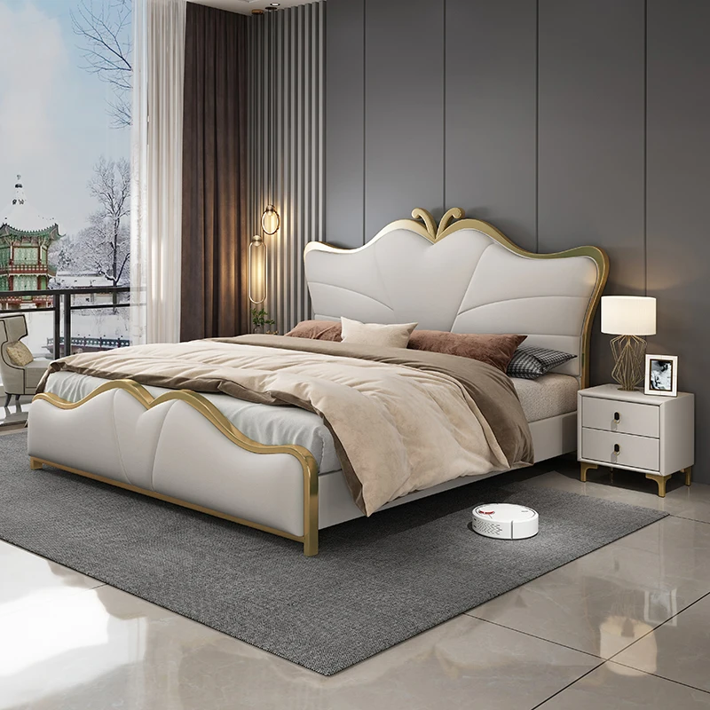 Modern Luxury Wood Bedroom Furniture Soft Up-holstered Beds king Side Double Bed Frame Wooden Box Mattress Set Stylish Design
