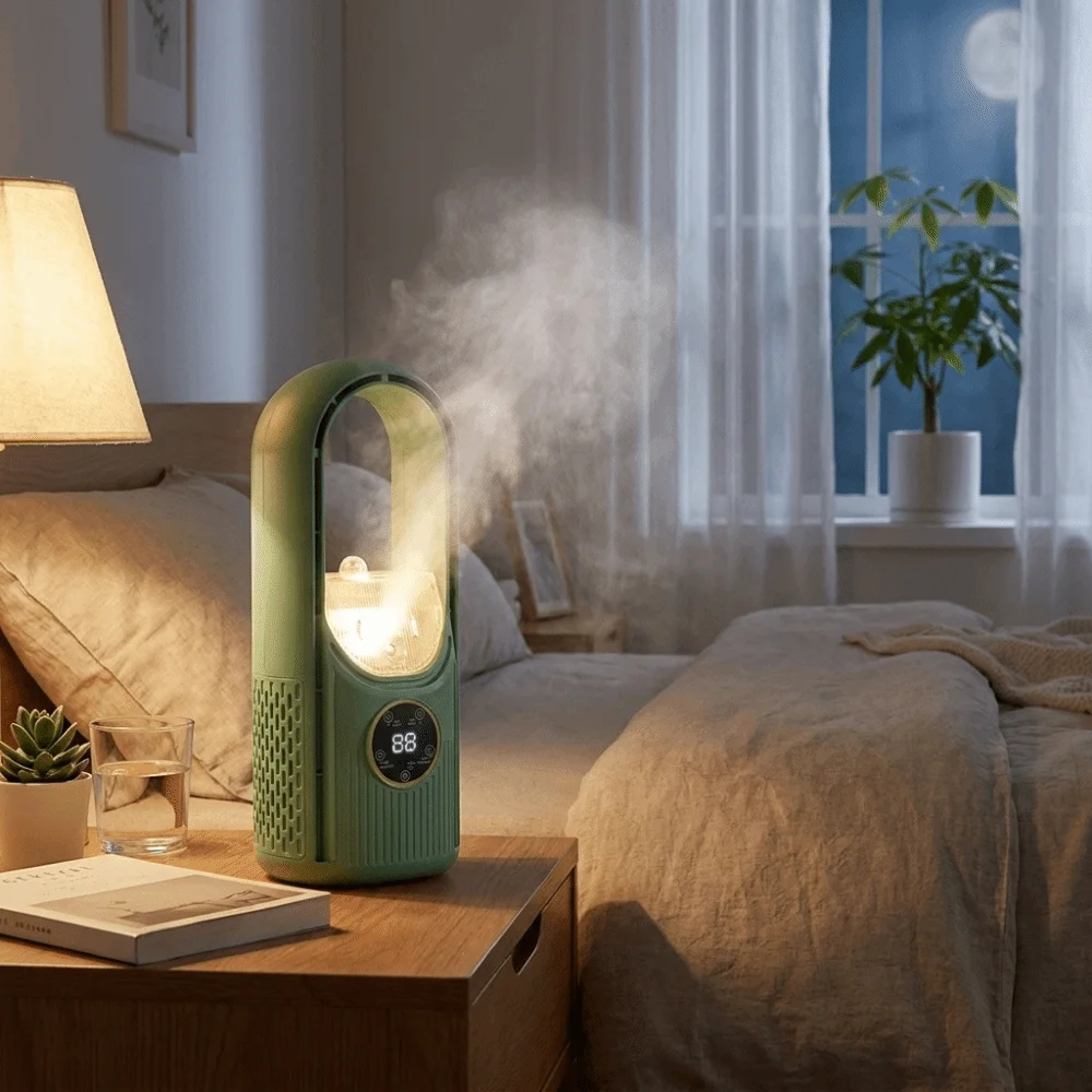 6 Speed Portable Air Cooler Bladeless Design Humidifying Function Leafless Fan Silent Timer Adjustable Wind Speeds USB Fan