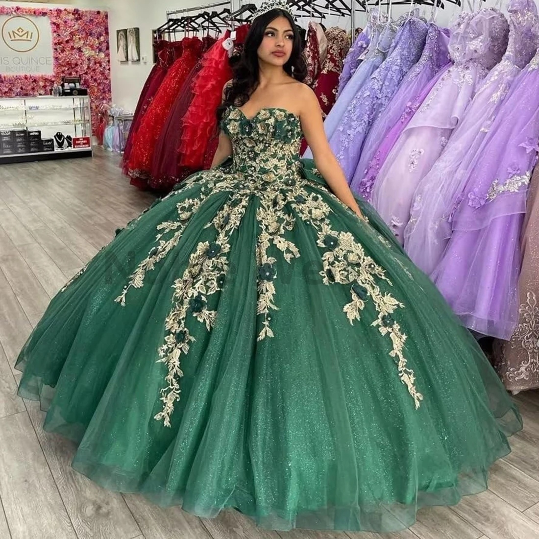 恋人キンセニエラ ドレス チュール ボール ガウン 3D 花のアップリケとリボンのカスタマイズ