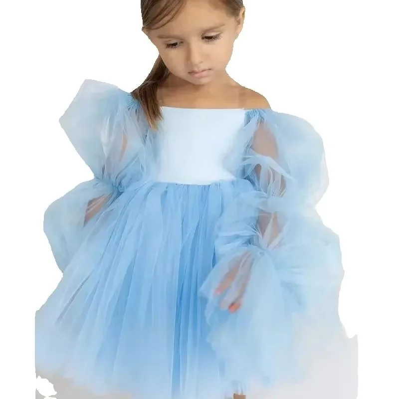 キッズプリンセスドレスガールズオフショルダードレスパフスリーブチュールドレスフォーマルエレガントパーティードレス幼児フォーマルウェア誕生日セレ