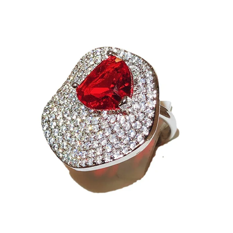 Brilliant Red Heart Zirconia Ring Open Luxury Women\'s Jewelry Premium All-match Temperament Banquet Jewelry S925 Silver