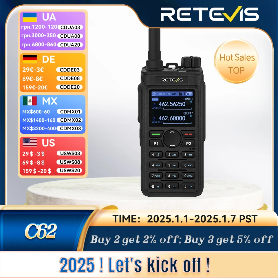 Retevis C62 Walkie Talkie Long Range 5W Ham Two-way Radio Camping Communication Radio Station VHF UHF Professional Walkie-talkie