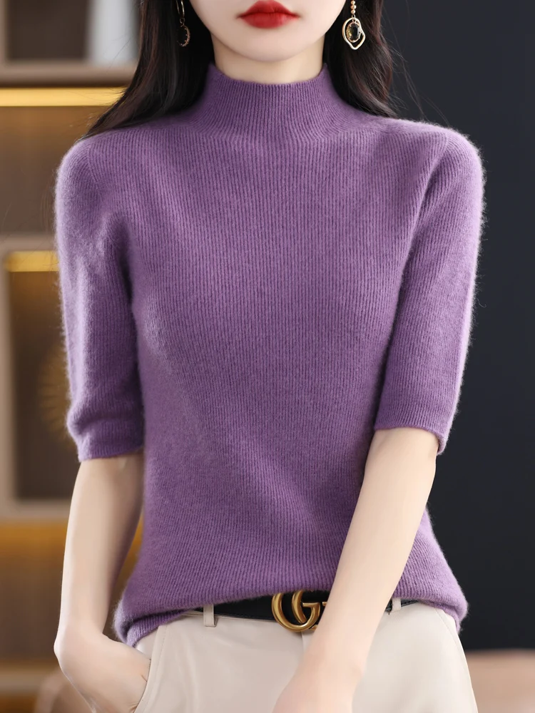 Yoyoselect Spring Autumn Women 100% Merino Wool Half Sleeve Sweater Slim fit Mock Neck Pullover Solid color Knitwear Tops Cloth