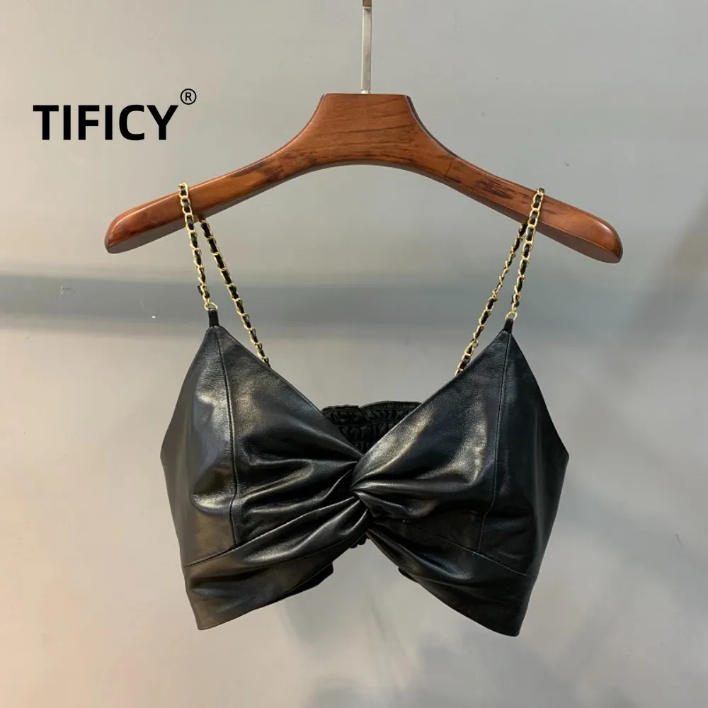 

High Street Autumn Sheep Leather Tanks Women's Metal Shoulder Strap Big Bow Black Slim Fit Casual Sheepskin Camis Tanks Tops