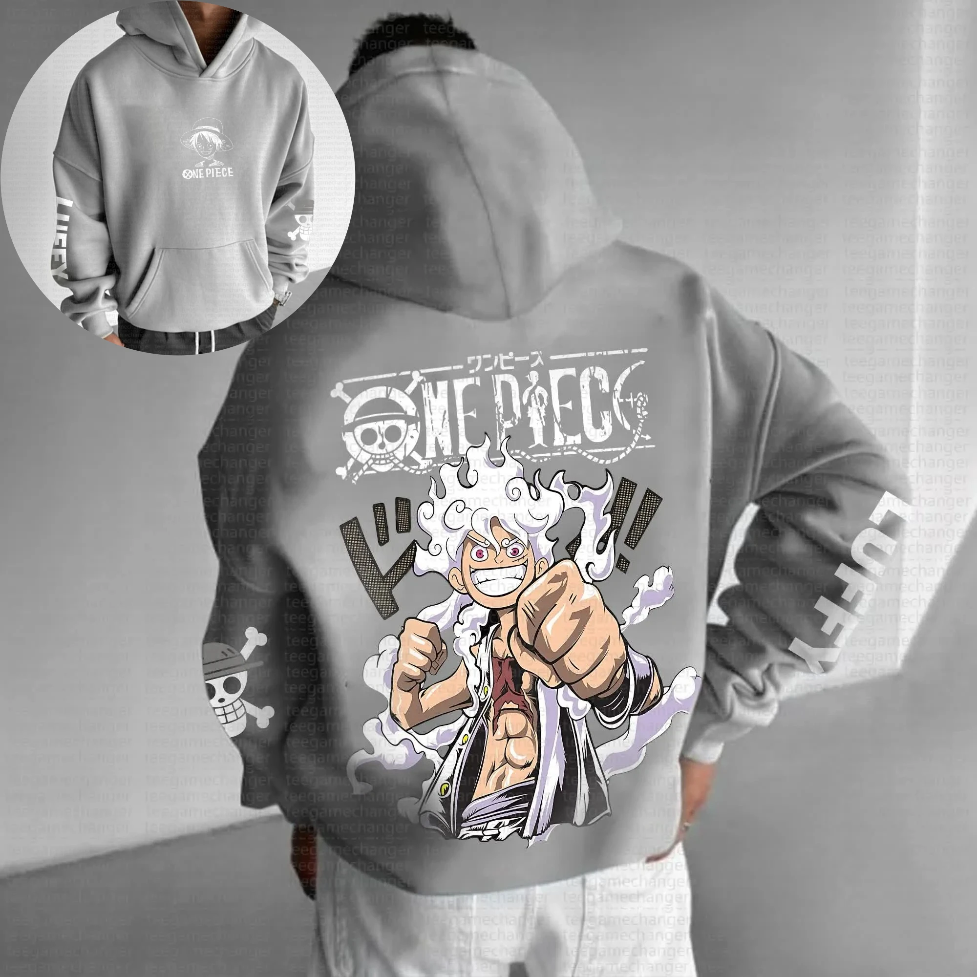 

One Piece Luffy Gear 5 Nika Anime Hoodie Men Grey Cotton Casual Long Sleeve Autumn Winter Streetwear Fashion Japanese Manga
