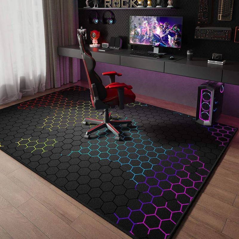 VIKAMA Neon Hexagon Grid Gaming Area Rug Non Slip Large Floor Mat Anti Noise Chair Friendly E Sports Game Room Decor Carpet