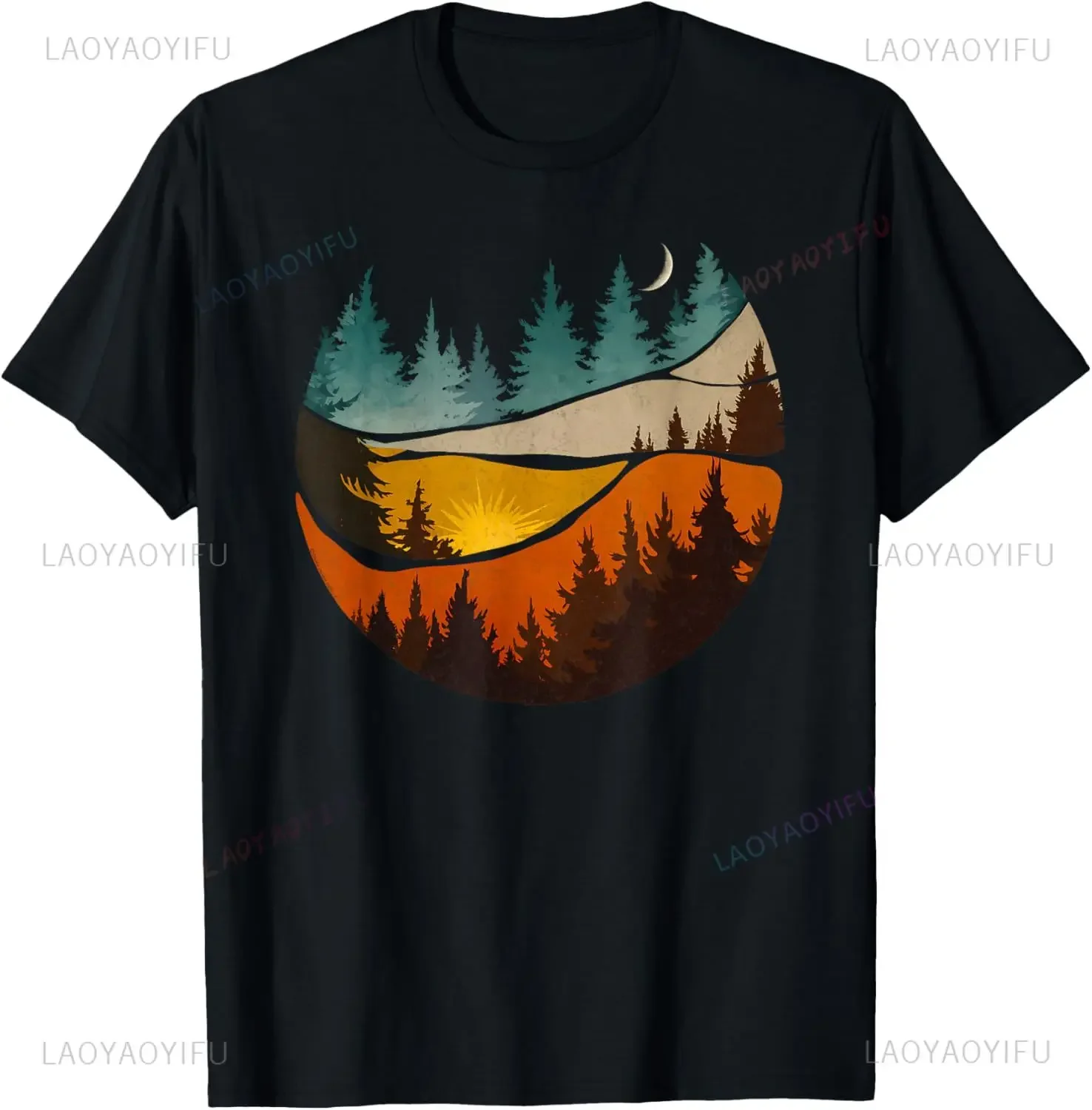 

Mountain Forest Sunset Moon Landscape Graphic T Shirt Men Outdoor Nature Trip Tee
