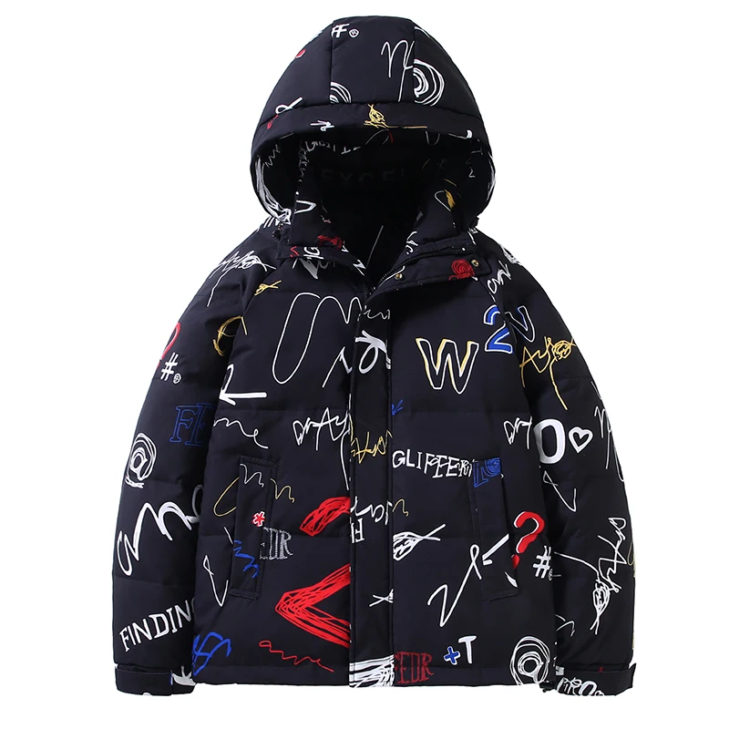 Fashion 2024 Winter Men's Graffiti Printed Hooded Duck Down Jackets Youth Streetwear Warm Puffer Coats Couple's Thick Top Parkas