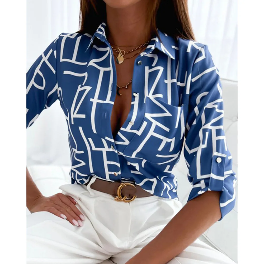 Camisa con botones estampados para mujer, blusa francesa informal de manga larga con solapa y bolsillos, moda de primavera y otoño