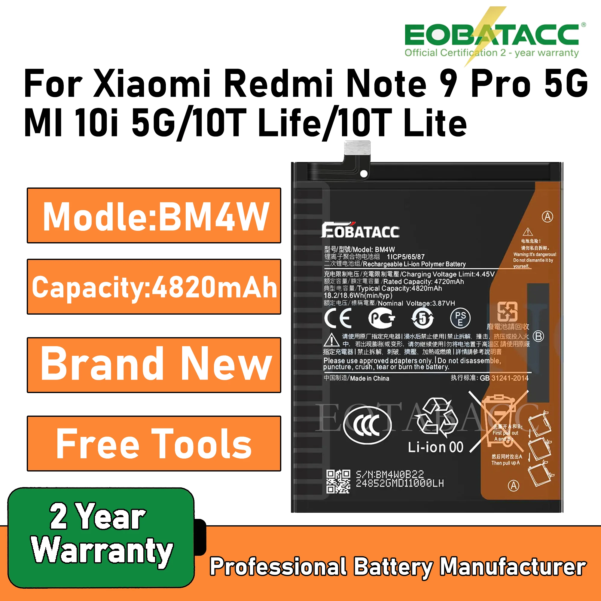 

2025 Years 100% Original High Qulity 4820mAh BM4W Battery For Xiaomi Mi 10T lite 5G Batteries Bateria+ Free tools