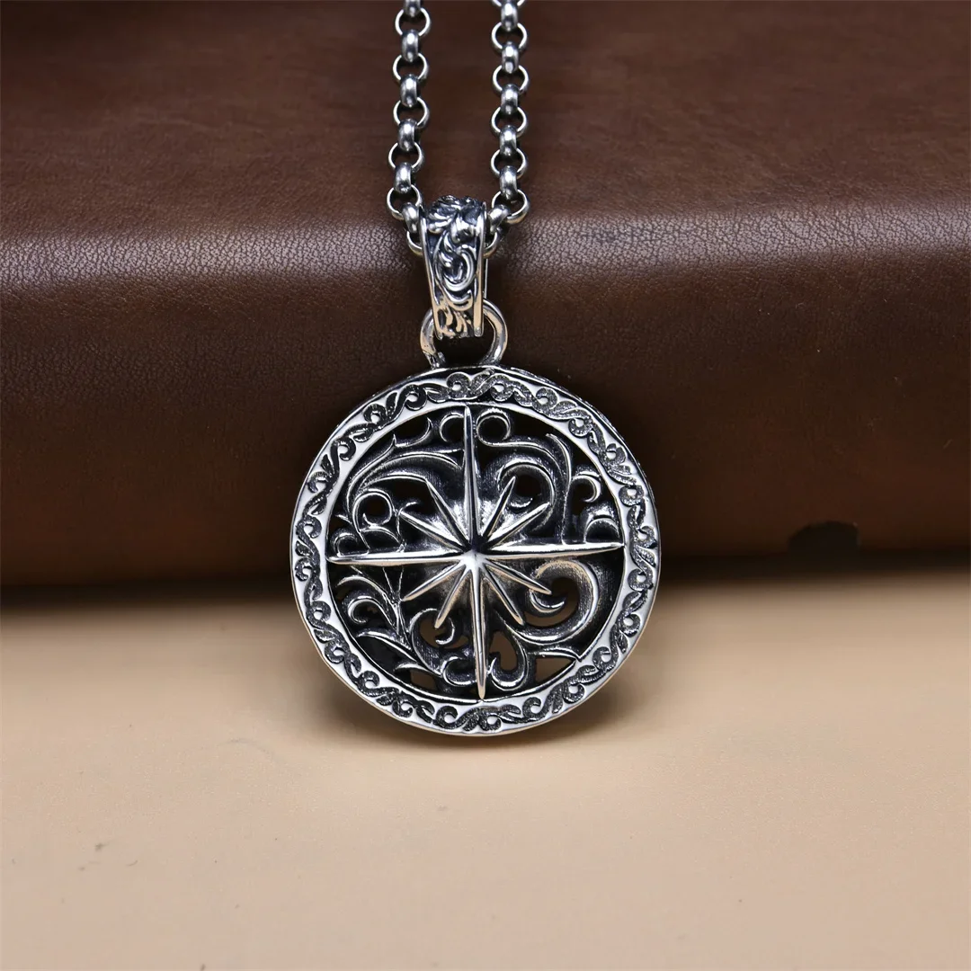 S925 Sterling Silver Tangcao Compass Navigation Pendant for Men's Handsome European and American Personality Retro Ethnic Style