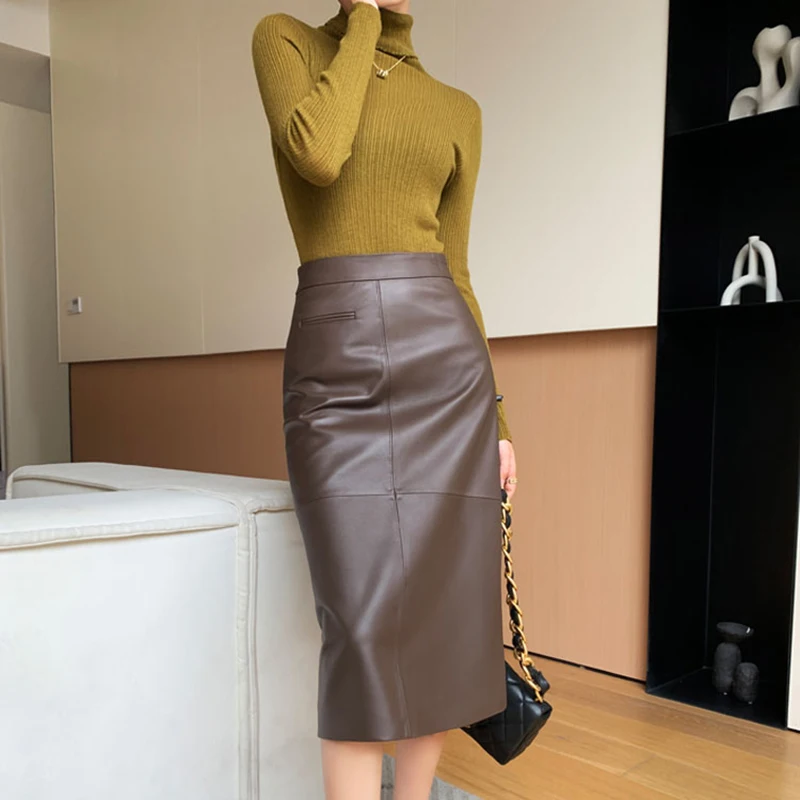 

Woman Clothing Leather Skirt Female Sheepskin Coffee Versatile High Waist Wrap Hip Slim A-Line Straight Medium to Long Skirts