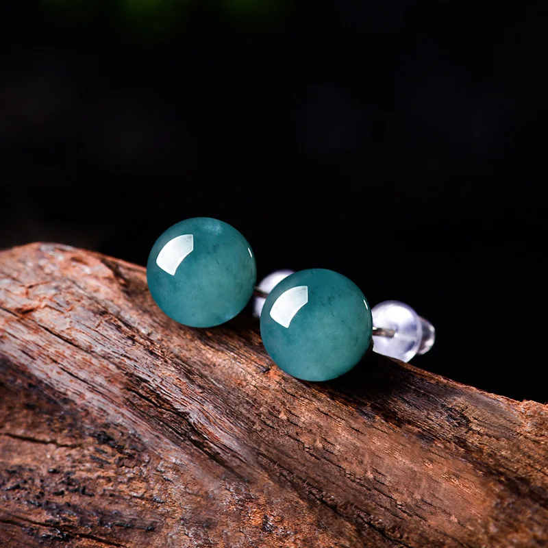 

S925 Silver Inlaid Genuine Natural A Goods Emerald Blue Water Ball Earrings Ice Jadeite Women's Simple Fashion Gift