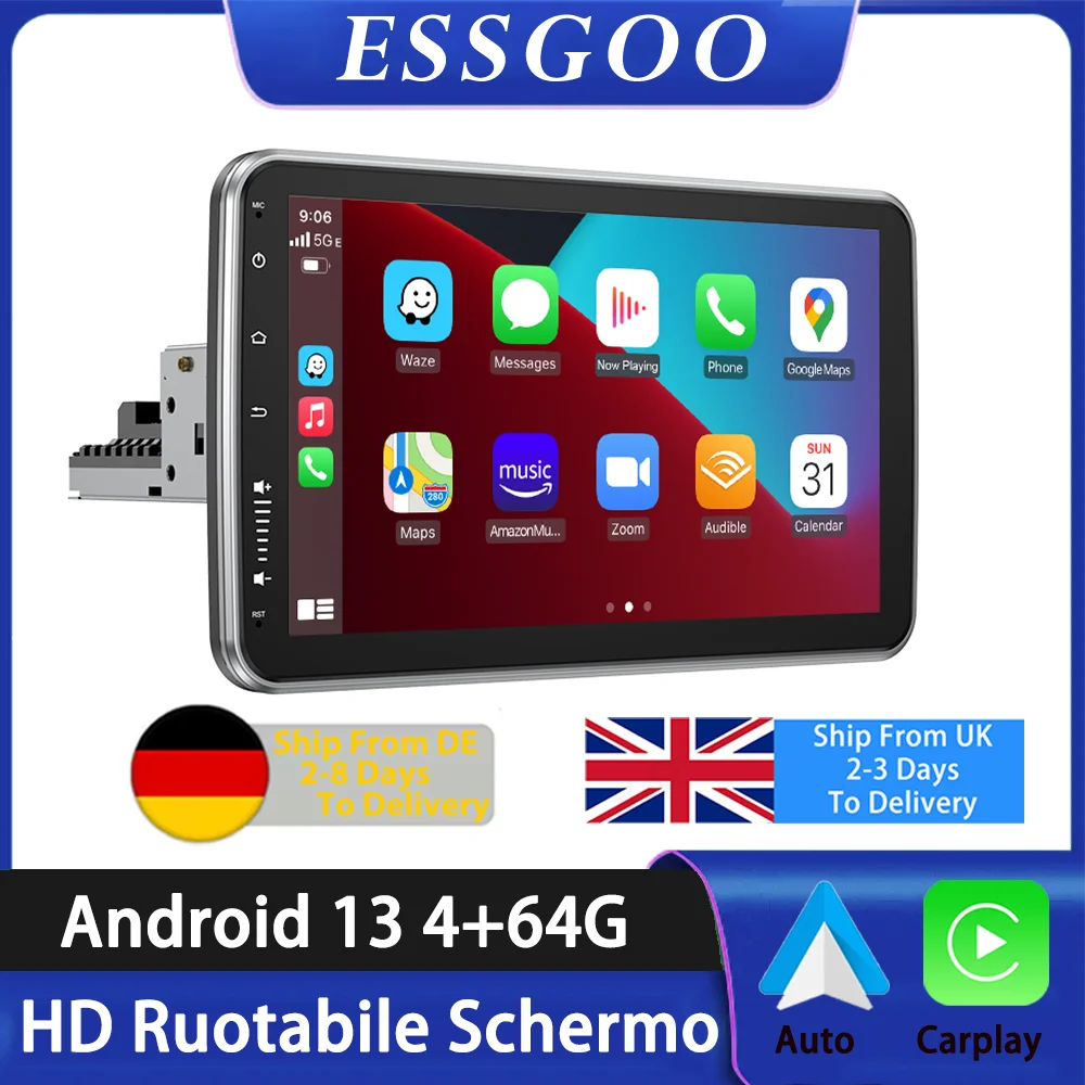 ESSGOO Android 13 10.1 Inch Universal Single Rotatable Car Radio Auto Carplay Multimedia Player GPS Navi Automotive Stereo