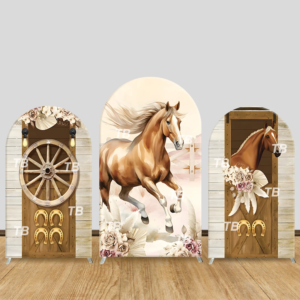 Cubierta de fondo de arco de caballo Vintage, rueda de granja, herradura, decoración de fiesta temática, suministros de fondo para fotomatón