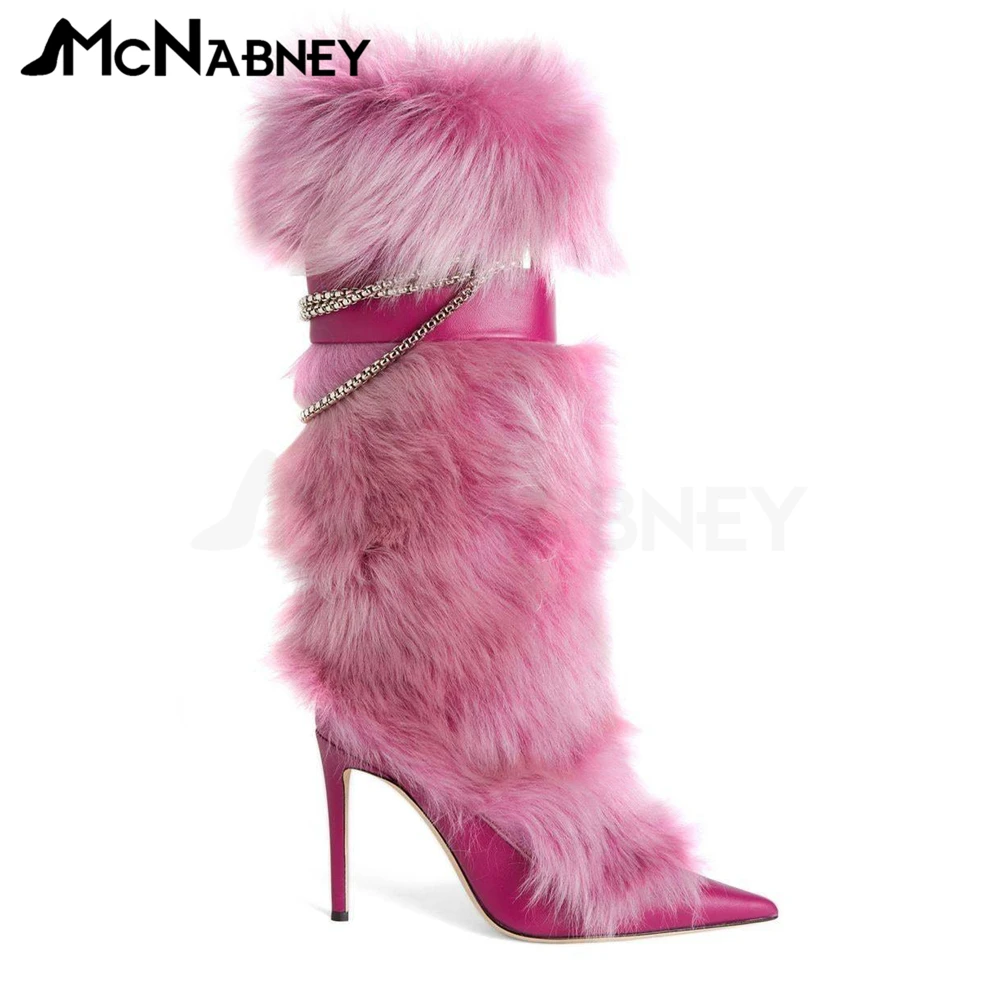 Fur Rhinestone Knee Boots Pink High Heels Pointed Toe Stiletto Knee Boots Sexy Sweet Style High Heels Warm Women's Boots Sale