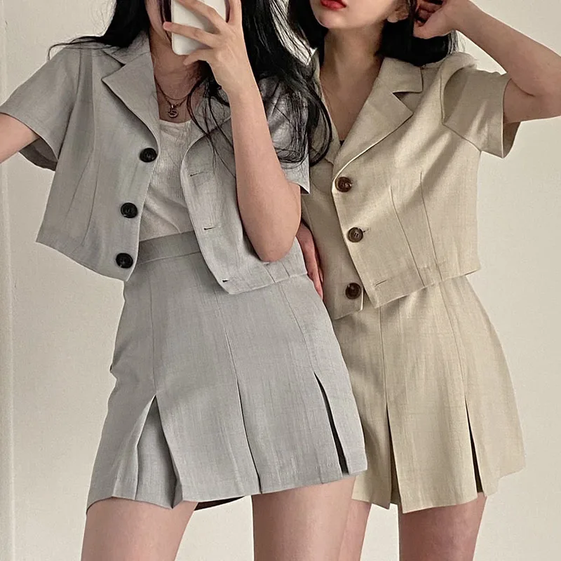 

Ele Summer ort Coat Chic Suit Collar Tee Button High Waist Slimming Pleated Skirt Faionable Cotton Blend Set
