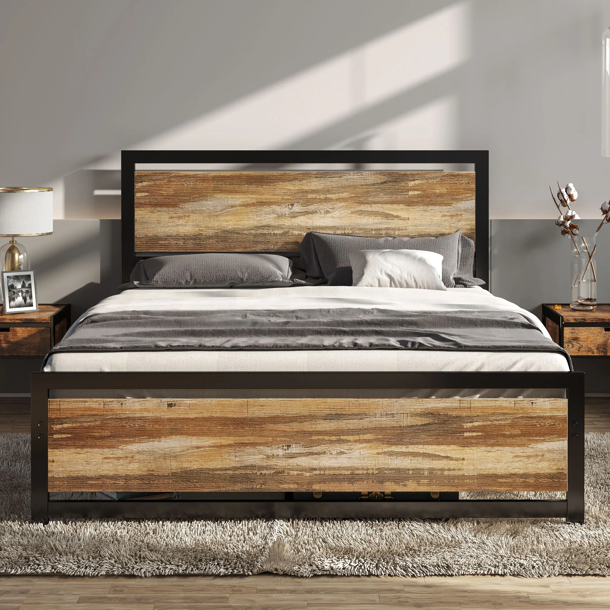 Queen Bed Frame with Rustic Brown Headboard and Footboard