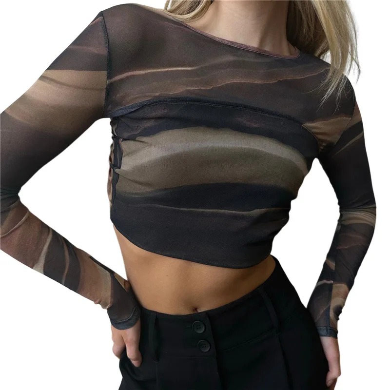 2024 Summer New Women Clothing Fashion Print Mesh Tops Sexy Backless Long Sleeve Casual Tees Slim Short Umbilical Cord T-shirts