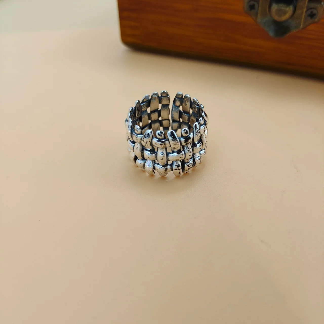 Personalized, fashionable, versatile, trendy, hip-hop, light luxury s925 pure silver woven ring, women's wide food ring