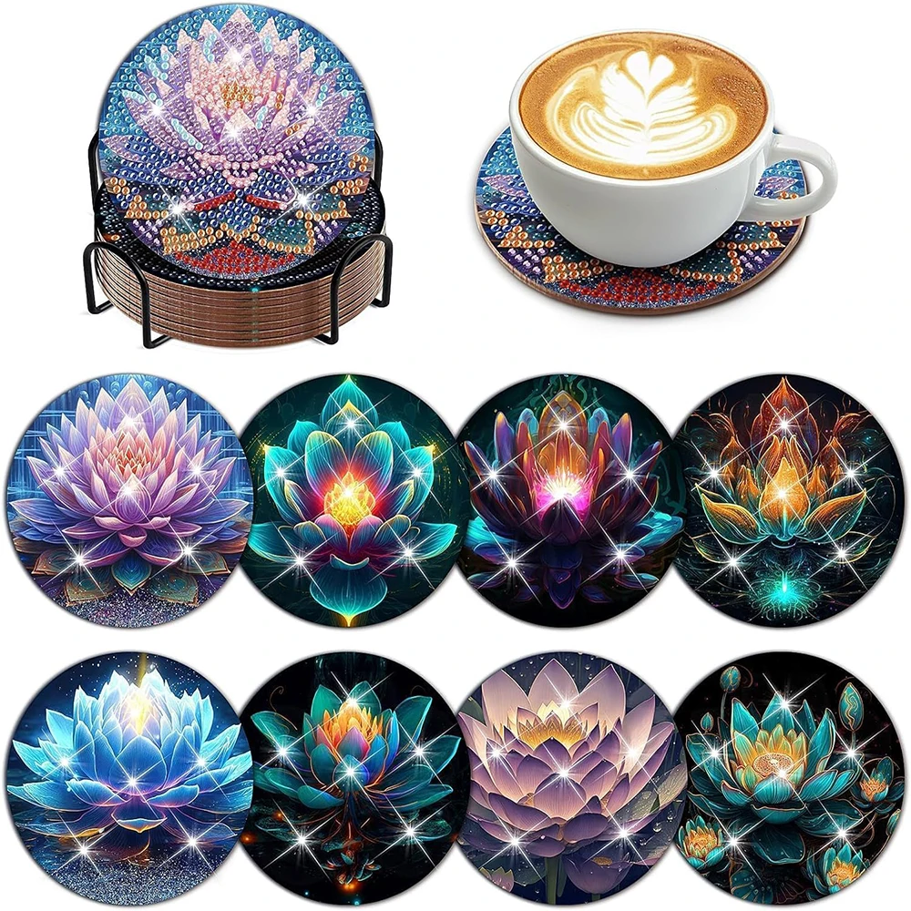 8-teiliges Lotus-Diamantmalerei-Untersetzer-Set, DIY-Untersetzer mit Halterung für Anfänger, Kunst- und Bastelbedarf als Geschenk