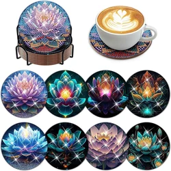 8 pieces/set Lotus Diamond Painting Coaster Set, DIY Coaster with Bracket for Beginners, Art and Craft Supplies Gift