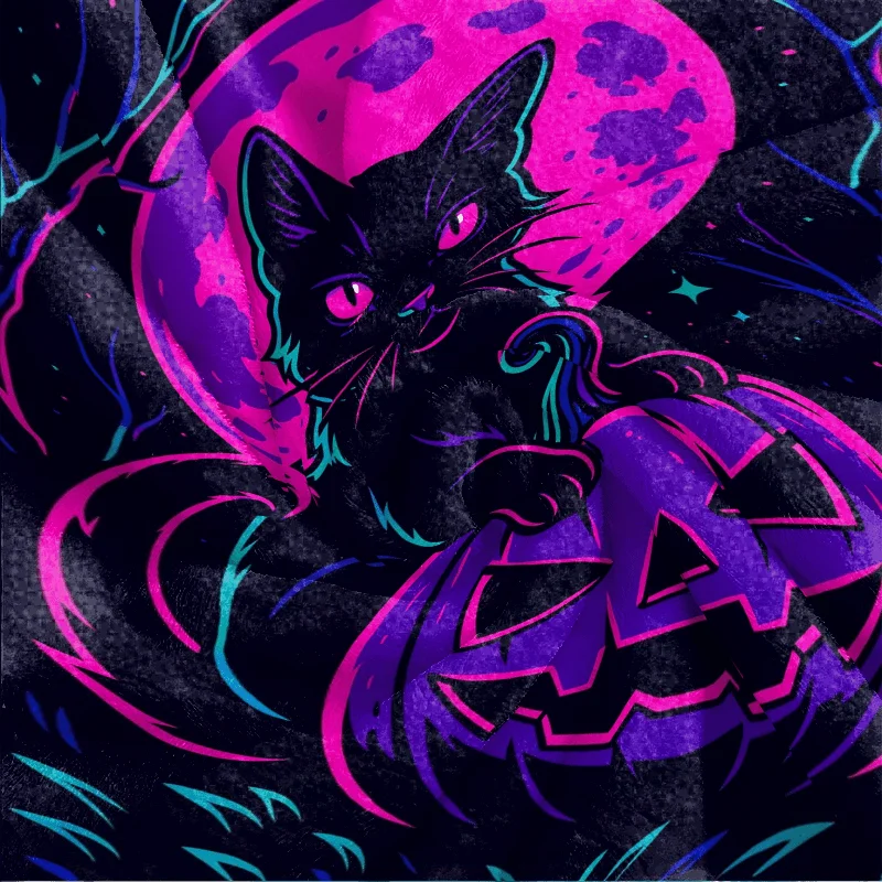 Neon Cyber Style Halloween Black Cat Spooky Pumpkin Print Soft Warm Cozy Flannel Throw Blanket for Sofa Couch Bed Home Party Dec