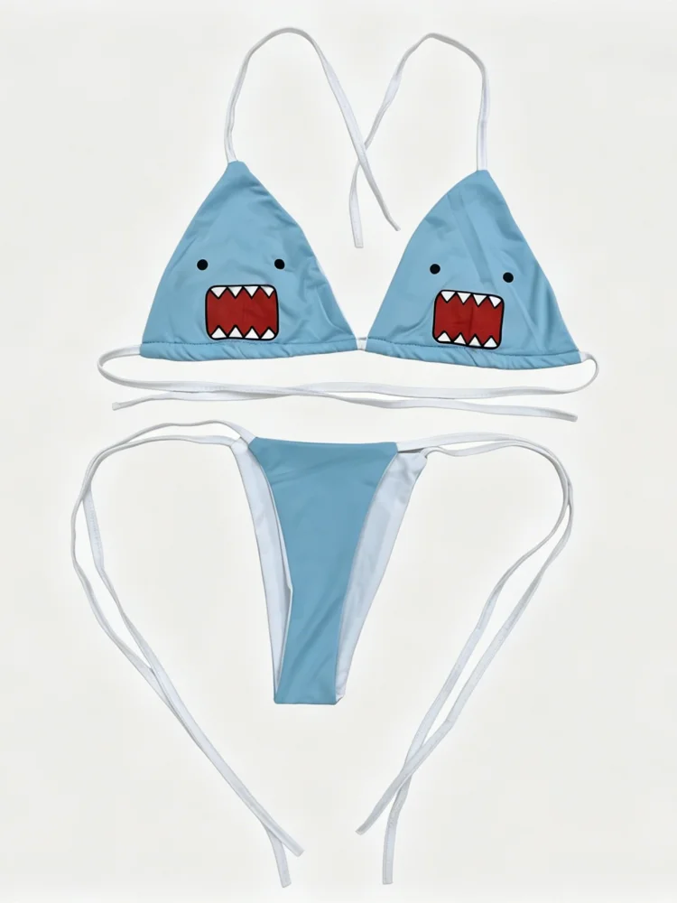 Conjunto de Bikini Y2K con Estampado de Tiburón, Traje de Baño Triangular con Lazos Laterales en Azul Claro para Mujer