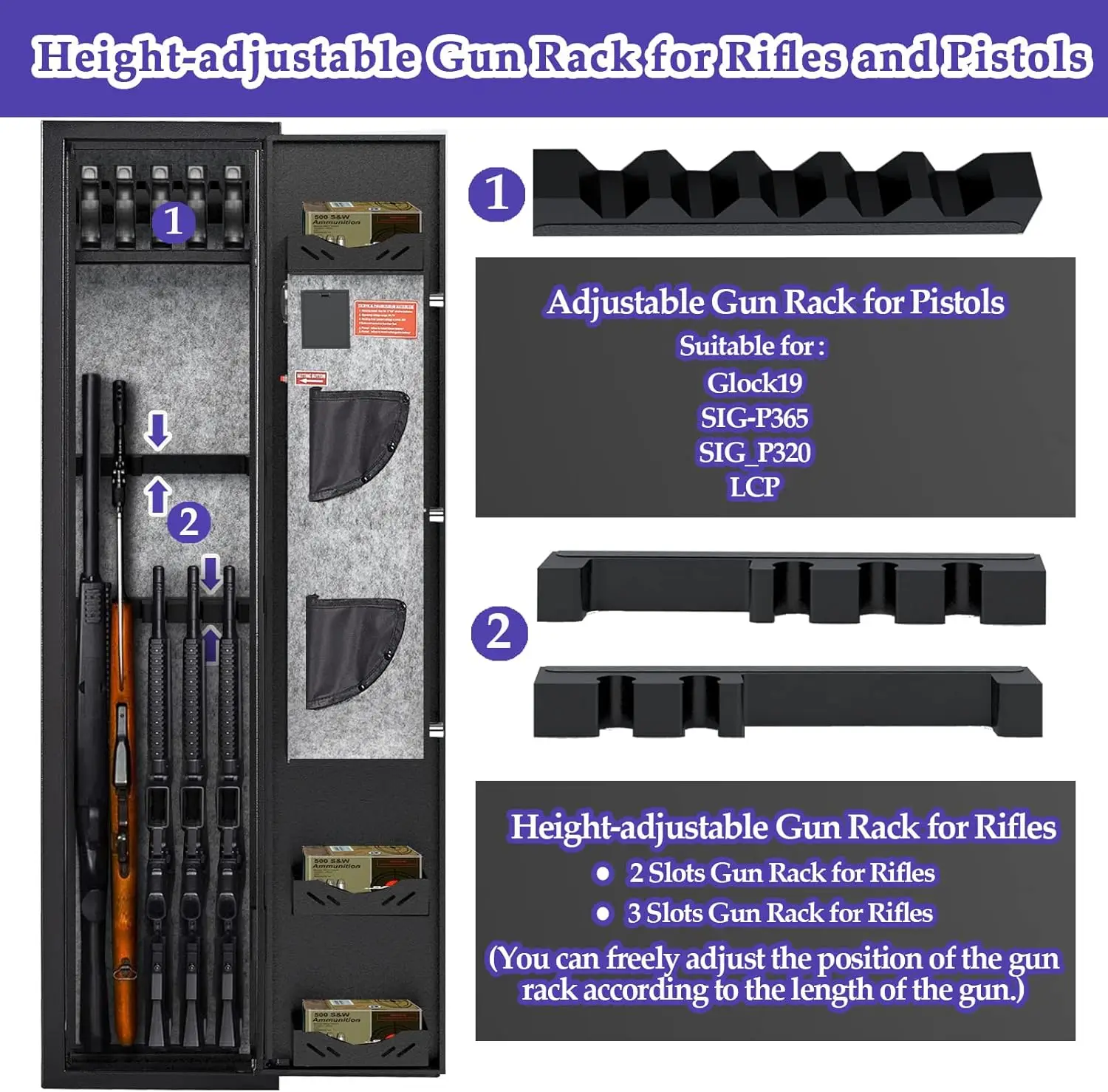 3-5 Gun Safes for Home Rifle and Pistols, Quick Access Safes for Shotguns, cabinets with Adjustable Rack, Pockets and Removable