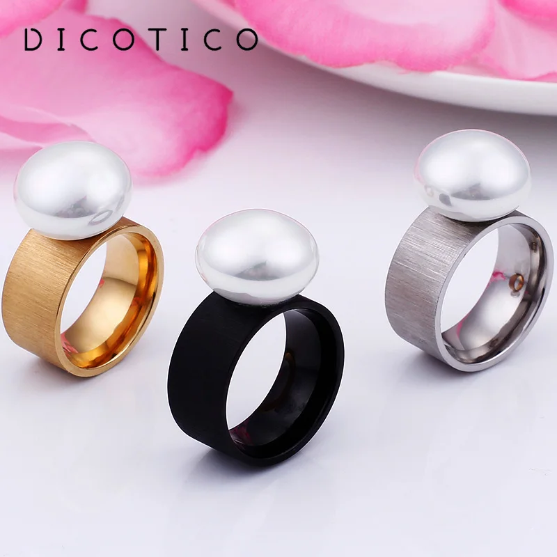 Big Imitation Pearl Women's Rings Bushed Stainless Steel Female Wedding Bands Rings For Women Jewelry Wholesale