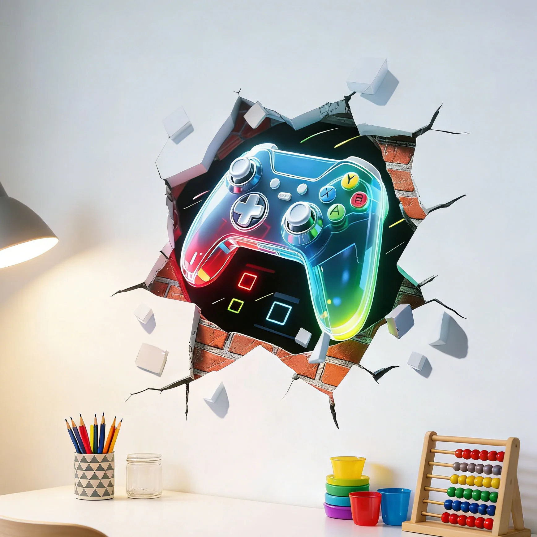 3D wall breaking neon game controller wall sticker creative e-sports style male bedroom wall decoration self-adhesive sticker