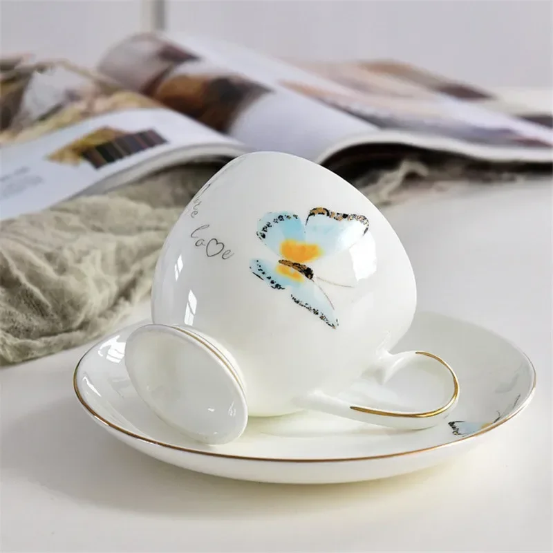 Ceramic Coffee Cups and Saucers Set, Afternoon Flower Tea Mugs, Minimalism Teacup and Tray, Household Office Porcelain