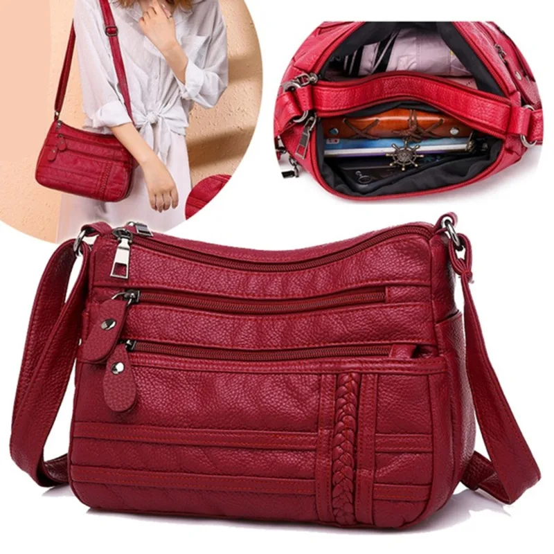 Modna torebka damska Pu miękka skórzana torba na ramię wielowarstwowa torba typu Crossbody jakość mała torba marki czerwona torebka torebki