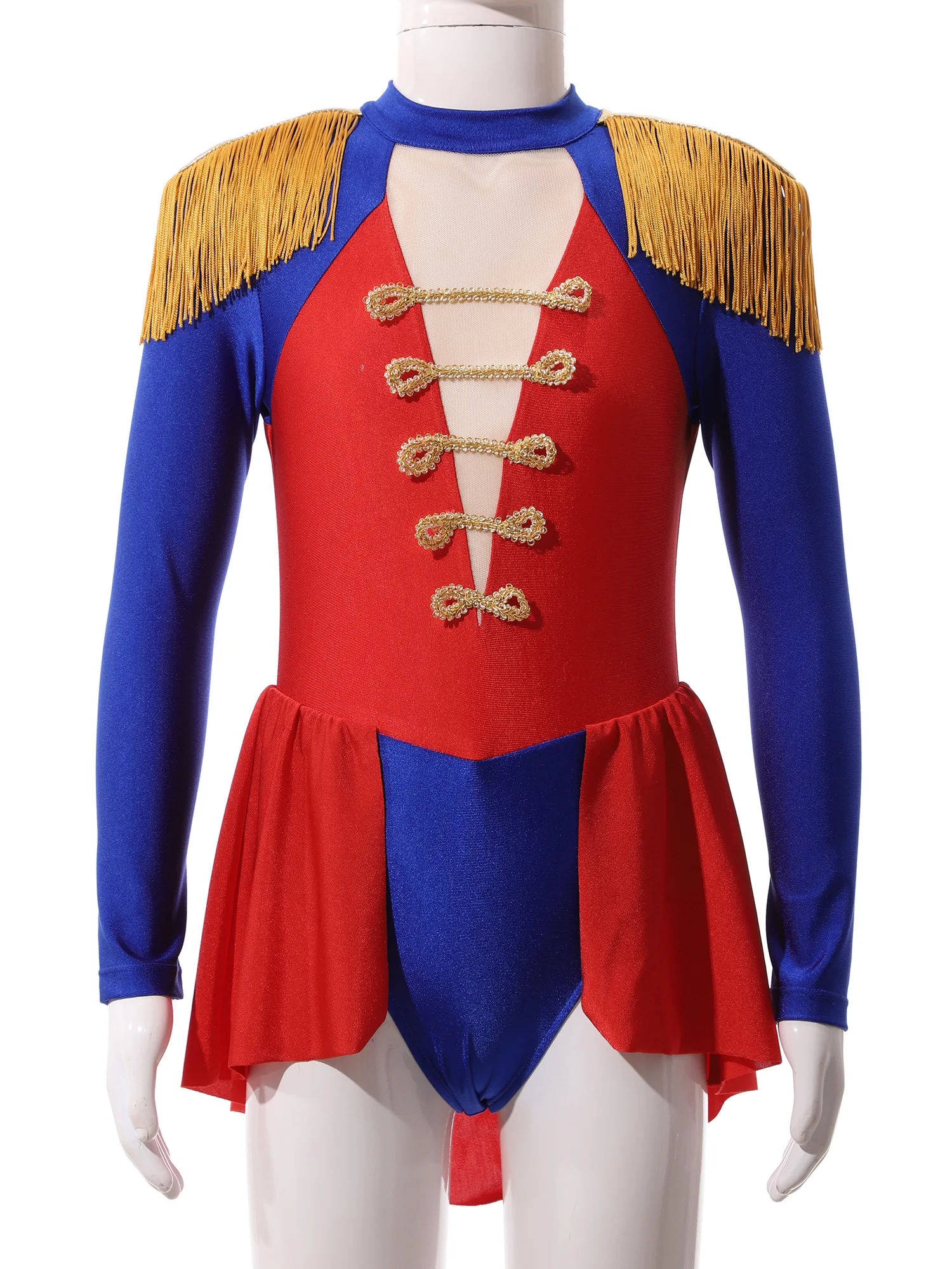 Kids Girls Circus Ringmaster Costume Halloween Cosplay Drum Major Performance Long Sleeve Tassel Epaulet Jumpsuit with Skirt