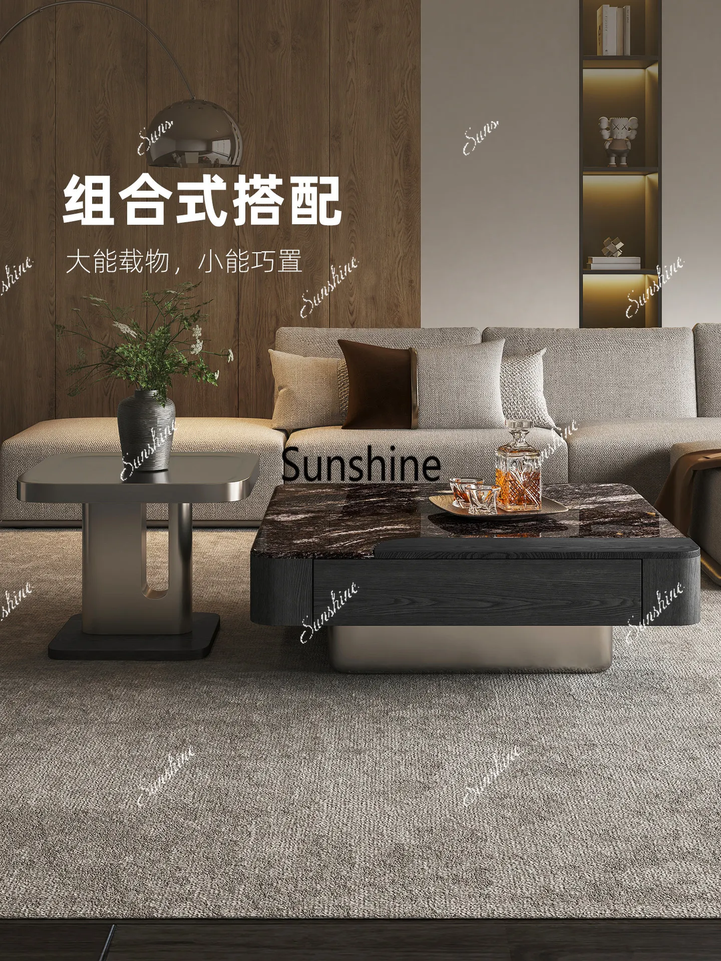 

Household marble Italian light luxury living room high-end wabi-sabi wind with cabinet coffee table table