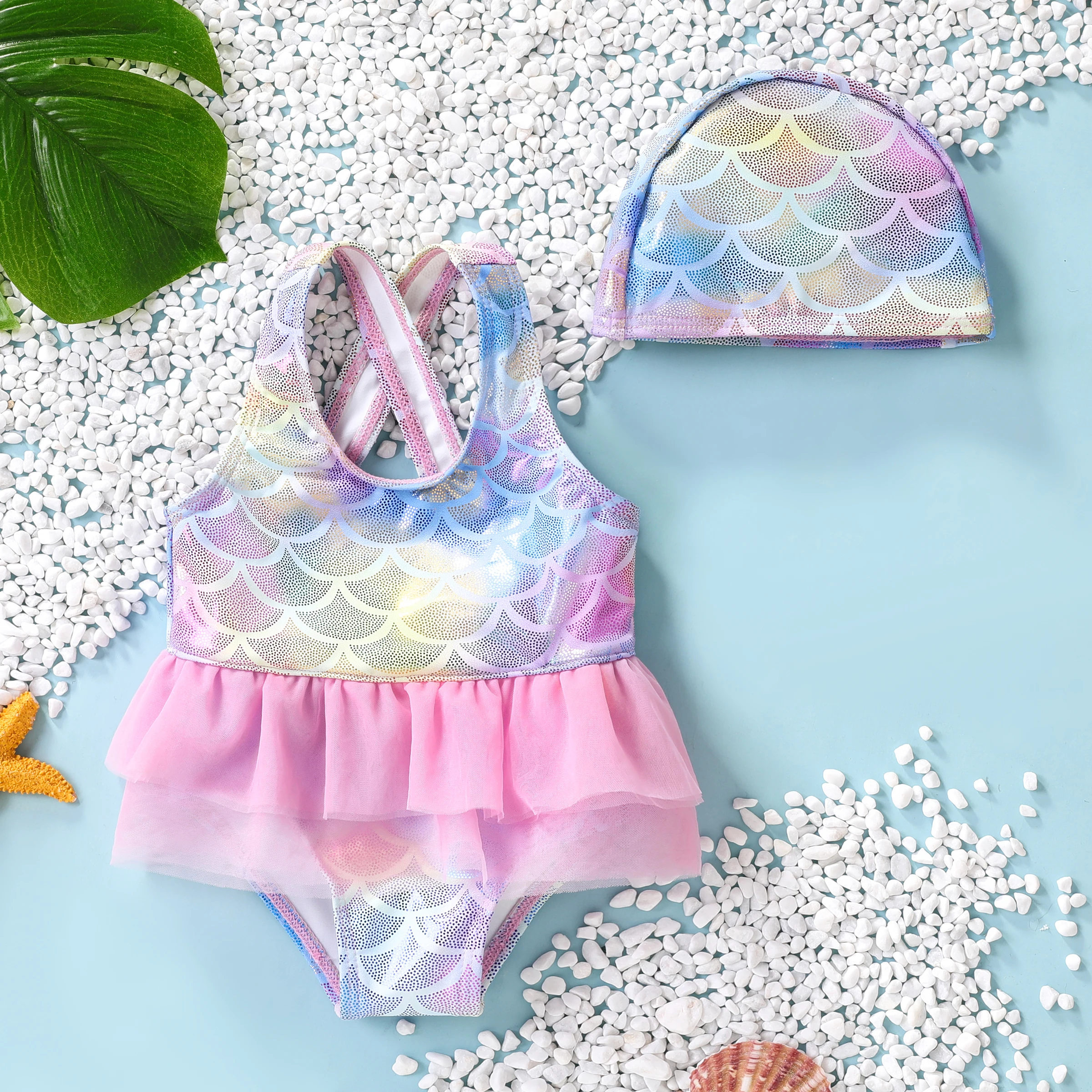 

PatPat 2pcs Baby Girl Sweet Animal Pattern Fabric Stitching Mermaidn Swimsuit and Hat Set