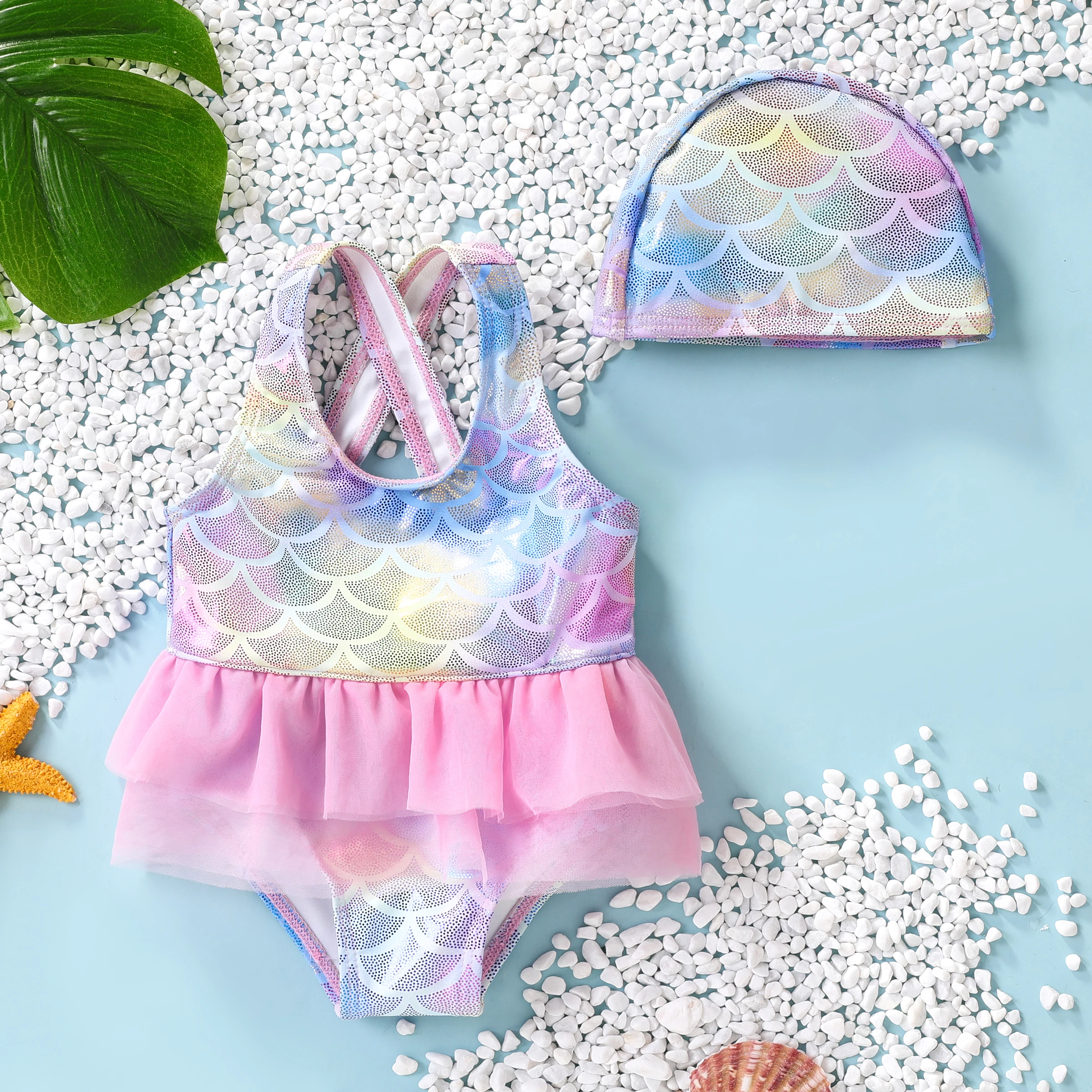 PatPat 2pcs Baby Girl Sweet Animal Pattern Fabric Stitching Mermaidn Swimsuit and Hat Set