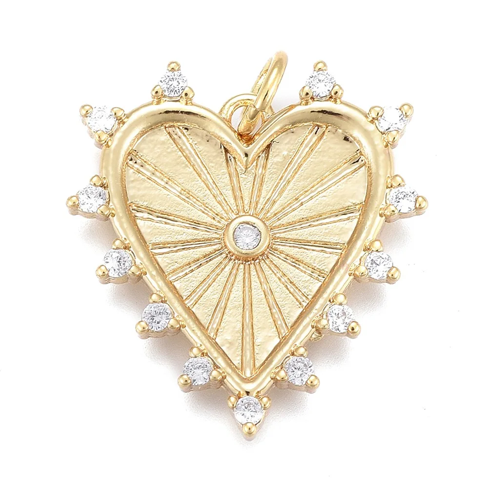 PandaHall 5Pcs Brass Micro Pave Clear Cubic Zirconia charm Long-Lasting Plated, with Jump Rings, Heart 21x19x2.5mm, Hole: 3mm