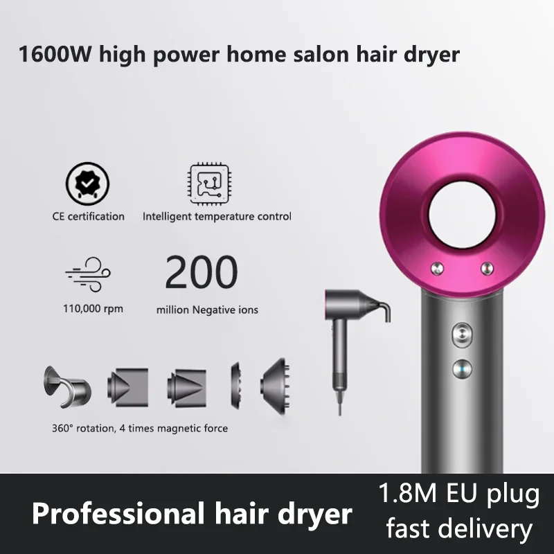 Professional High-speed Negative Ion Hair Dryer 5 Accessories 1600W Constant Temperature Care Fast Drying Electric Hair Dryer
