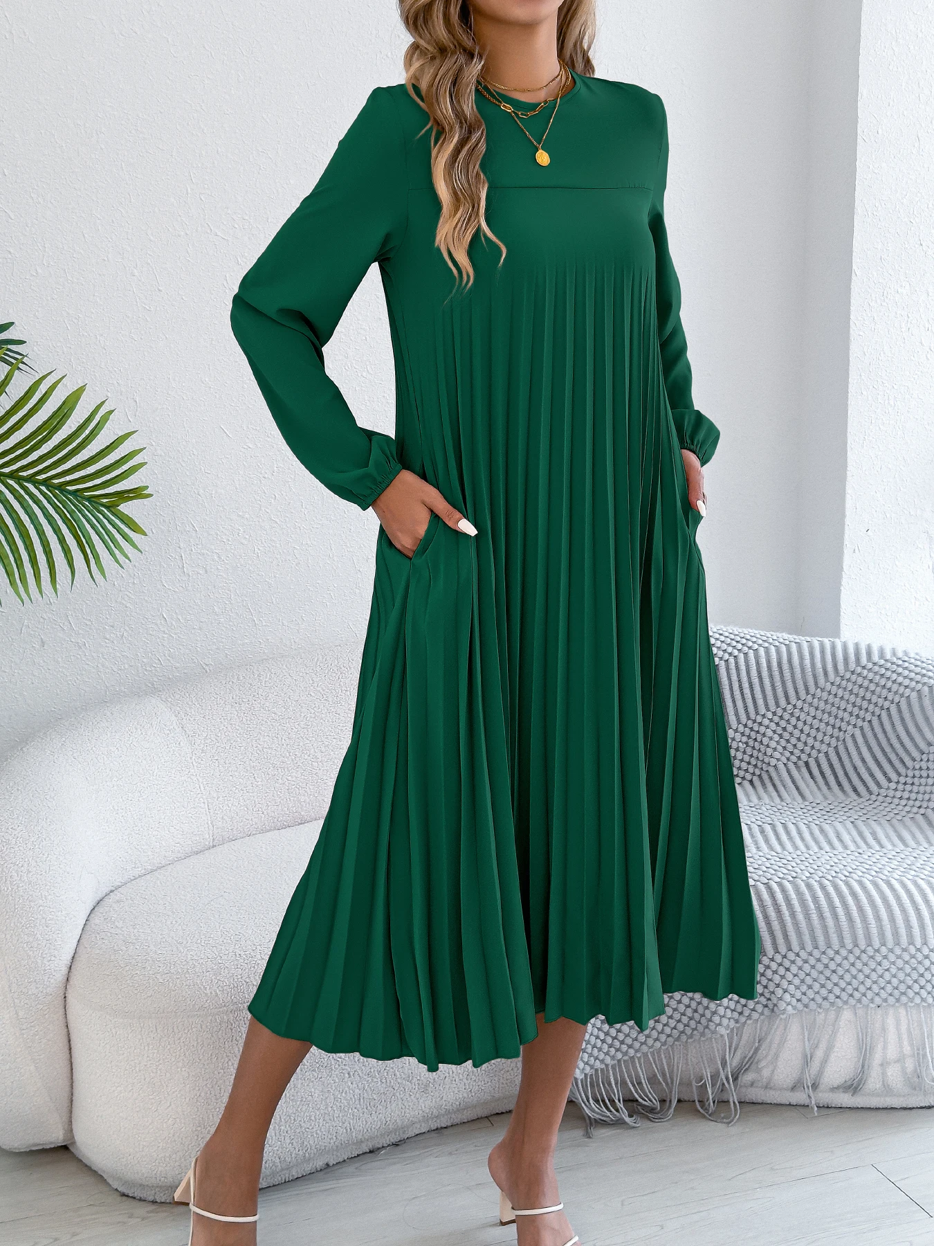 Vestido Elegante para Mujer 2026, Retro, Color Sólido, Cuello Redondo, Manga Larga, Plisado, sin Cinturón, Otoño Invierno 2026, Verde Caqui, Rojo - Image 3