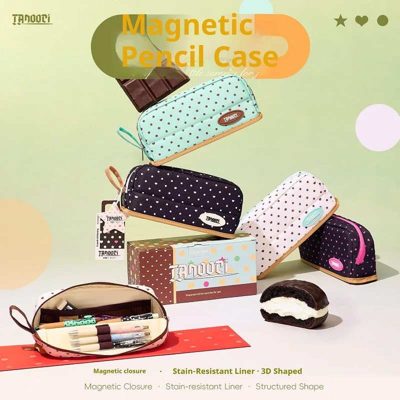 TANOOCT Magnetic Pouch Anti‑dirty Liner Pen Storage Bag Pencil Case Large Capacity Dot Print Pen Bag 3D Stereo Stationery