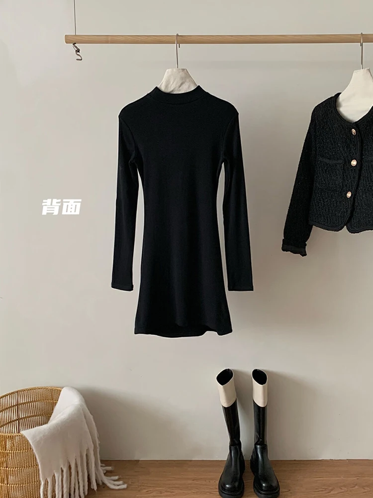 Autumn Elegant Fashion Office Lady A-Line Dress Gothic Half High Collar Party Prom Black Gown Streetwear Frocks 2000s Aesthetic